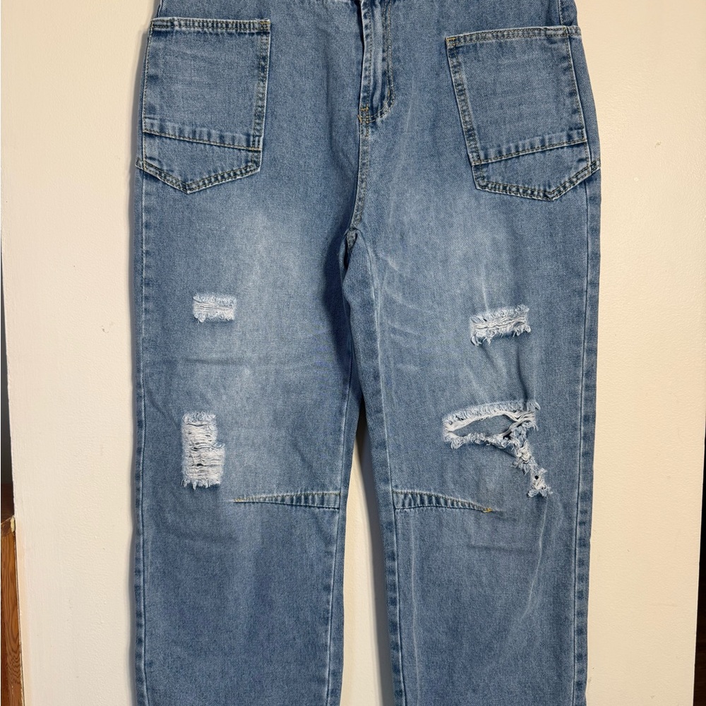 SHEIN Blue Distressed Women Barrel Jeans